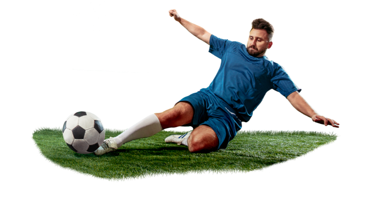 Football player tackling for the ball over white background